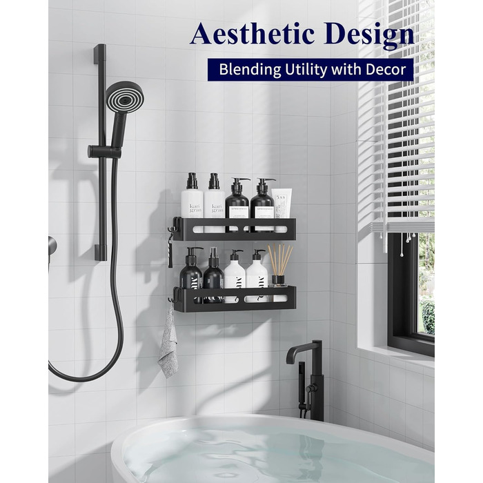 Настінна поличка для душу без свердління Kitsure, 2 шт., чорна, 33.5 x 12.0 x 5.5 см