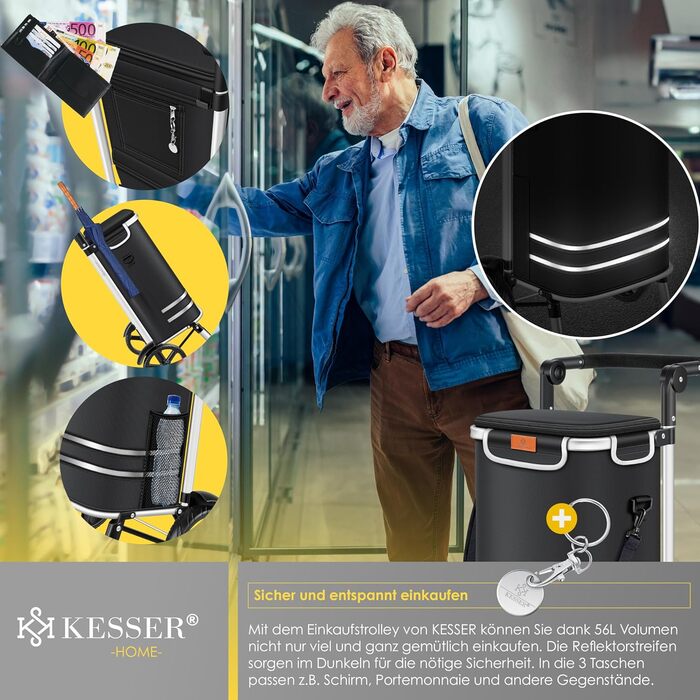 Розкладний візок KESSER® для покупок з великою місткістю 56 л та вагою до 50 кг | 3-в-1: візок, візок-мішок, сумка через плече | Зі зручним відсіком для охолодження та підіймачем для сходи | Чорний