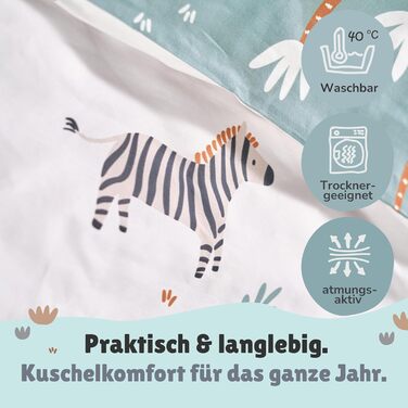 Дитяча постільна білизна комплект (2-частини) з 100% бавовни Oeko-Tex - ковдра 100x135 см та подушка 40x60 см з блискавкою. Дитяча постіль, дихаюча, регулює температуру, Сафарі з тваринами