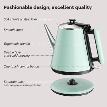 Електричний чайник 0.9л з нержавіючої сталі 304, 1360W, швидке кип'ятіння за 4-6 хвилин, класичний компактний дизайн, сенсорна кнопка, автоматичне відключення та захист від перегріву, для дому, офісу, для кави, зелений
