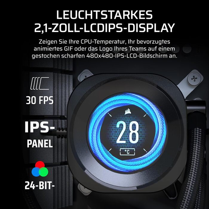 CORSAIR Nautilus RS LCD Модуль – для систем охолодження Corsair Nautilus RS та Nautilus RS ARGB AIO – 2.1-дюймовий IPS LCD екран, проста установка без інструментів – чорний