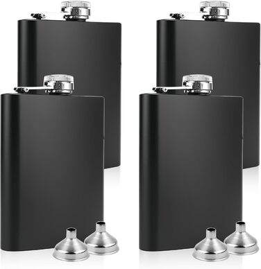 Набір з 4 флаконів з нержавіючої сталі: 236 мл, з воронкою, для напоїв, жінок, пікніків, подорожей, кемпінгу, 13,8 x 9,4 см, чорний