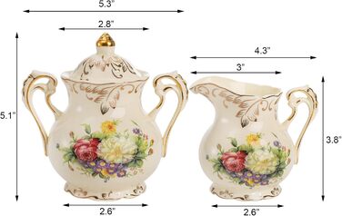 Foreigner's Zucker and Milchkännchen Set, Porcelain Ivory Coffee Serving Set Blossom Bushes Pattern Golden Leaves Edge Cream Pitcher and Sugar Bowl with Lid