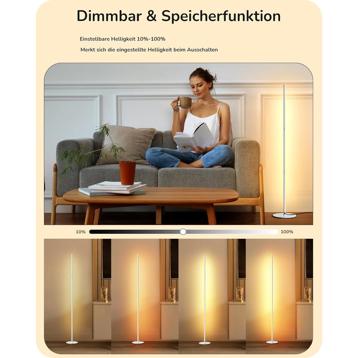 LED торшер Edishine з димуванням, тепле світло 3000K, регульована висота 146 см, для вітальні, спальні, офісу, з функцією пам'яті