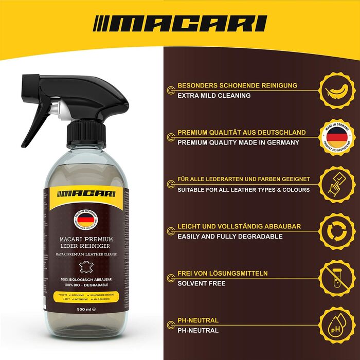 Macari Leather Care 500ml Balsam + 500ml Cleaner + 2 Sponges + Leather Brush Premium Leather Leather Cleaner Set Beeswax for Leather Couch, Car, Furniture, Jacket, Clothing, Sofa, Handbag, Shoes, Saddle Leather Fat