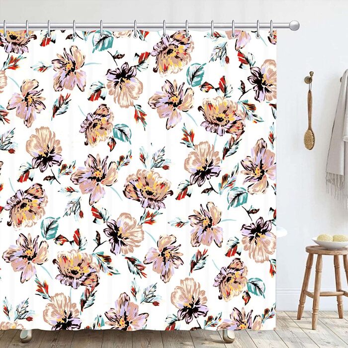 Штора для душу 180x180 см з квітами, антигрибкова, водонепроникна, поліестер, з кільцями (12 шт.)