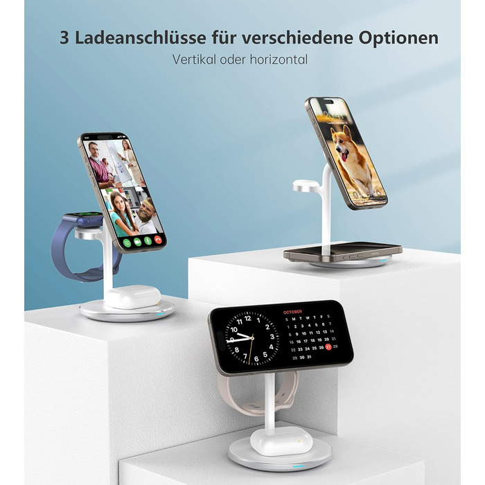 3-в-1 індукційна зарядка для декількох пристроїв, 15W MagSafe зарядка для iPhone 15/14, MagSafe зарядний пристрій для iWatch Ultra 2/1/Series 9/8, AirPods, білий колір