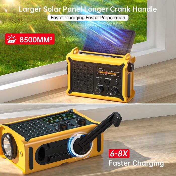 Радіо NOAA для надзвичайних ситуацій, 12000 мАг/44400 мВт-год, портативне AM/FM з сонячною/ручною/USB-підзарядкою, SOS-сигналом для дому та вулиці (жовте)