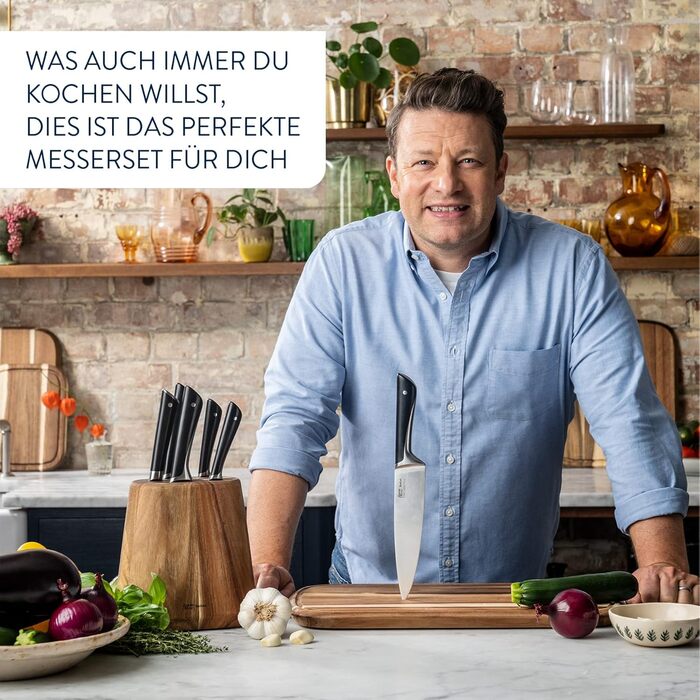 Набір кухонних ножів Jamie Oliver by Tefal (6 предметів): шеф-ніж, ніж Сантоку, ніж для хліба, універсальний ніж, ніж для овочів + блок з акації, сталь, коричневий K267S556