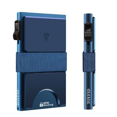 Чоловічий тонкий металевий картхолдер на 12 карт з RFID захистом, виштовхувальною кнопкою, Marineblau (морський синій)