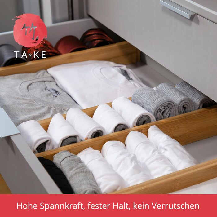 TAKE® Adjustable Drawer Dividers, 4 Pack [42-56cm] | Drawer Organizers, 100% Natural Bamboo | Flexible Drawer Divider System | Drawer Organization System for Kitchen | Drawer Organizer