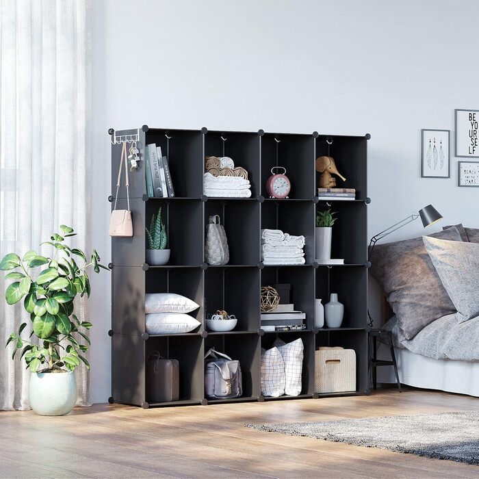 C&AHOME Cube Storage Shelves, 16-Cube Unit, Cabinet, DIY Plastic Modular Shelving, Ideal for Bedroom, Living Room, Office, 122 cm L x 31 cm W x 122 cm H, UPCS16M (Black)