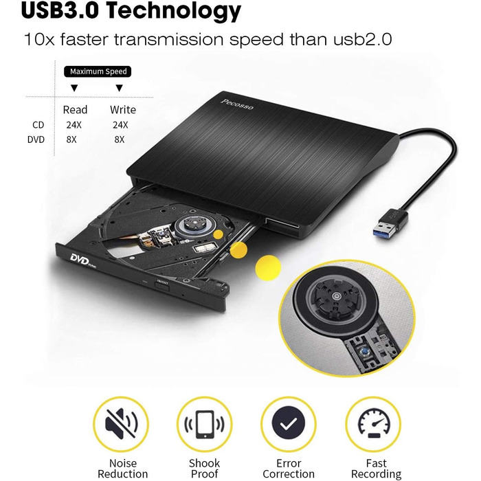 Зовнішній CD/DVD привід USB 3.0, портативний Slim RW записувач для ноутбуків та ПК (Windows, Mac OS, MacBook, iMac), чорний