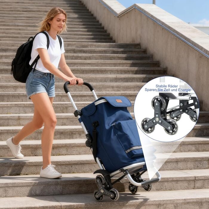 Тролей для покупок Sekey XXL з підйомником для сходів, 3-колісний вагончик для кемпінгу та покупок, регульована ручка, алюміній 3-в-1, з відділенням для їжі та напоїв (Блакитний)