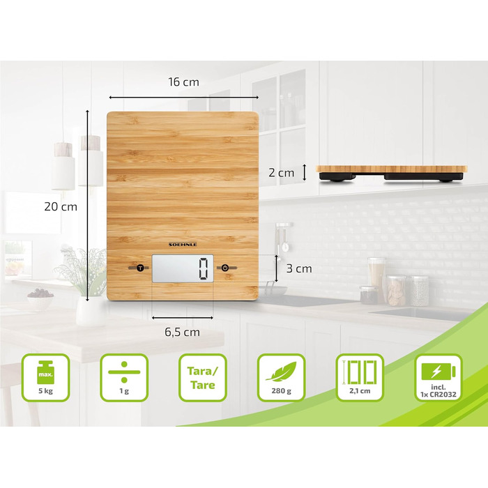 Кухонні ваги Soehnle Bamboo: цифрові, бамбукові, з сенсорною панеллю, до 5 кг, з батарейками