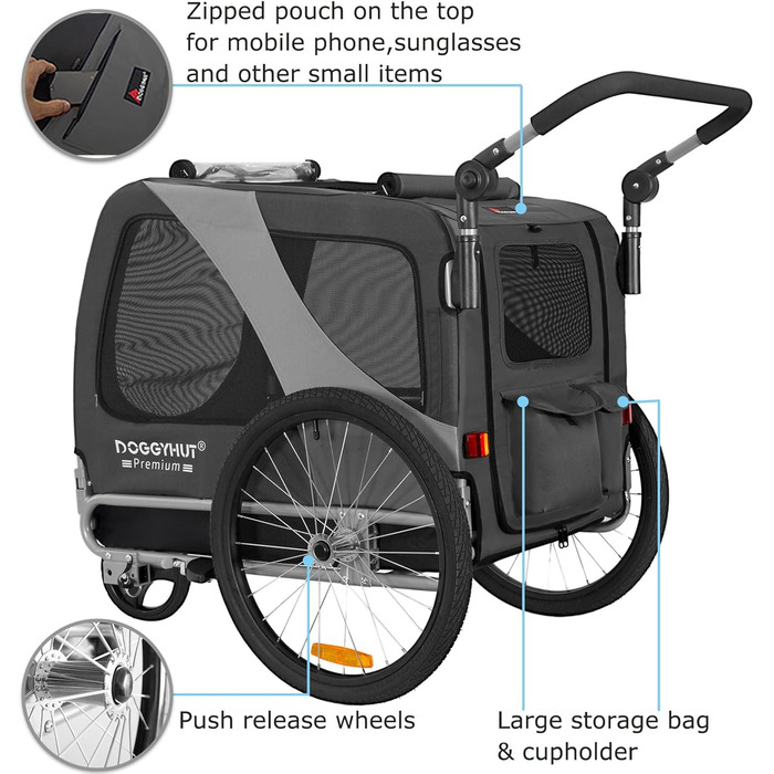 DOGGYHUT® Преміум великий 2 в 1 велосипедний причіп для собак та візок-бігунка. Великий об'єм 270 літрів для середніх та великих собак до 35 кг (сірий / чорний)