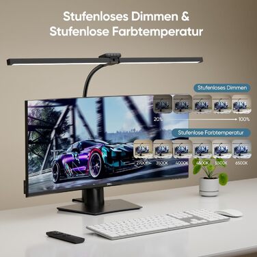LED настільна лампа Brightower з диммуванням, 24W, 80см, для офісу та дому, захист очей, денне світло, з пультом, гнушкий шийний механізм, 5 кольорів, чорний