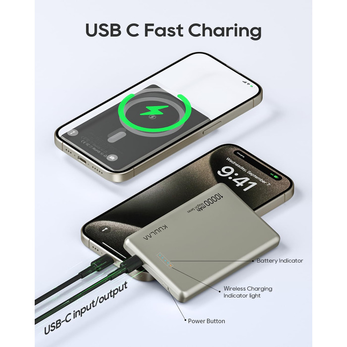 Power Bank Kuulaa MagSafe 10000 mAh, 20W, Тонкий, Магнітний, для iPhone, Space Grey (Natural Titanium)