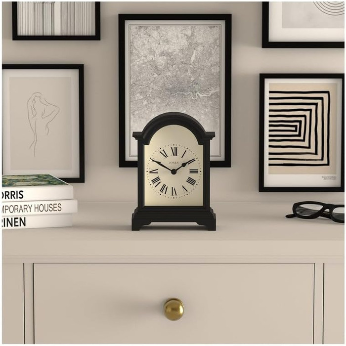 JONES CLOCKS® Bistro Table Clock | Classic Arch Design | White | Timeless Style for Desk, Table, Shelf, or Nightstand (Black)