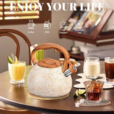 Чайник для плити GGC, 3.1 л / 3 л, з свистком, для води, кави, молока, градієнт сірого та чорного кольорів, з дерев'яною ручкою, з нержавіючої сталі, для дому (White Art Line)