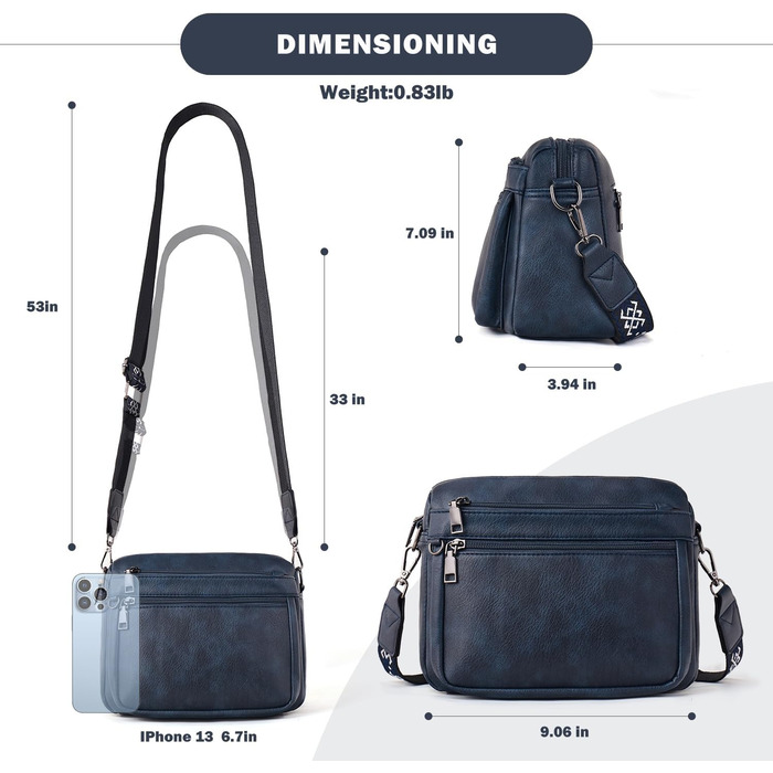 Сумка жіноча через плече MUIIKOLA середнього розміру шкіряна темно-синього кольору з широким м'яким ременем