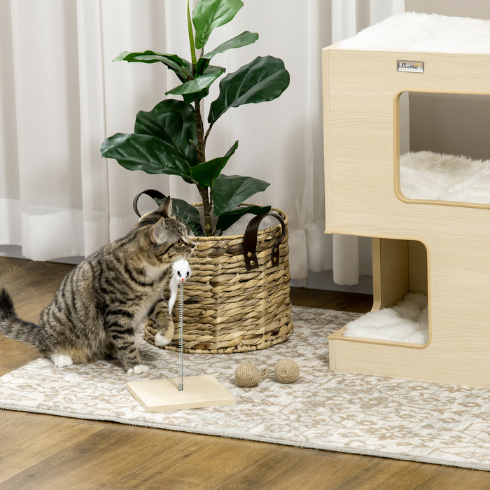 PawHut Будиночок для котів PawHut, 3-ярусний котячий шафка, закритий котячий будинок для дому з подушкою та іграшками з дуба, 34x34x60 см для любителів котів