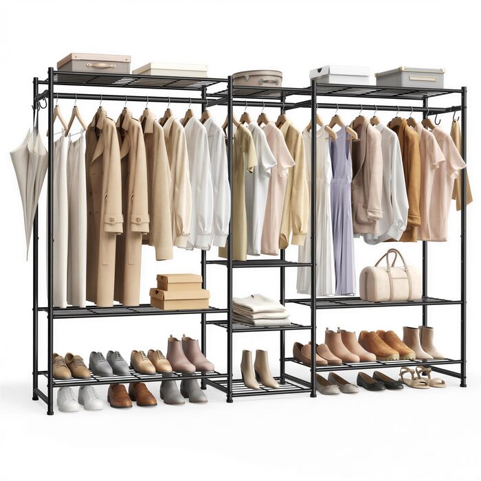 SONGMICS Стійка для одягу, відкритий шафа, вішалка для одягу з 10 полицями, 3 перекладинами, 4 гачками, металевий каркас, для спальні, вітальні, передпокою, чорний LGR011BZ01 206,4B см