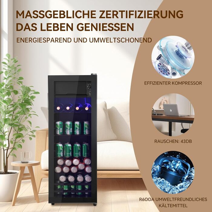 Холодильник для напоїв DRIXNO з морозильною камерою, 51 банка, для лімонаду, води, пива, вина, чорний, 128L