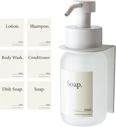 Designfabrik Hamburg | Adhesive Wall-Mounted Glass Soap Dispenser | Stainless Steel Pump Dispenser for Liquid Soap | Dish Soap Dispenser No Drilling Required | With Wall Holder | White/Frost