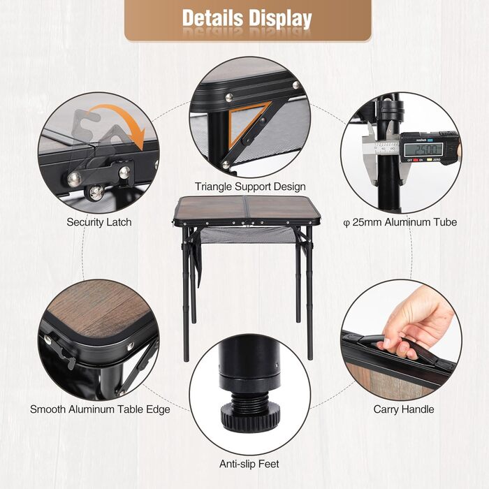REDCAMP Складаний столик з регулюванням висоти, легкий портативний туристичний столик 60x40 см (4 положення) з сітчастою поверхнею, для дому та відпочинку на природі, балкона, ринку, кухні, темно-коричневий (під дереву, 60*40 см, 4 висоти)