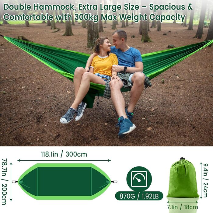 Гамак для двох осіб XXL 300 x 200 см – Складаний, ультралегкий та портативний. Міцний гамак для відпочинку на природі з вагою до 300 кг – ідеально підходить для саду, кемпінгу та подорожей (темно-зелений)