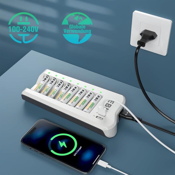 Зарядний пристрій EBL для акумуляторів AA AAA (NI-MH, NI-Cd) та USB пристроїв, 8 слотів, LED дисплей, 2 USB порти