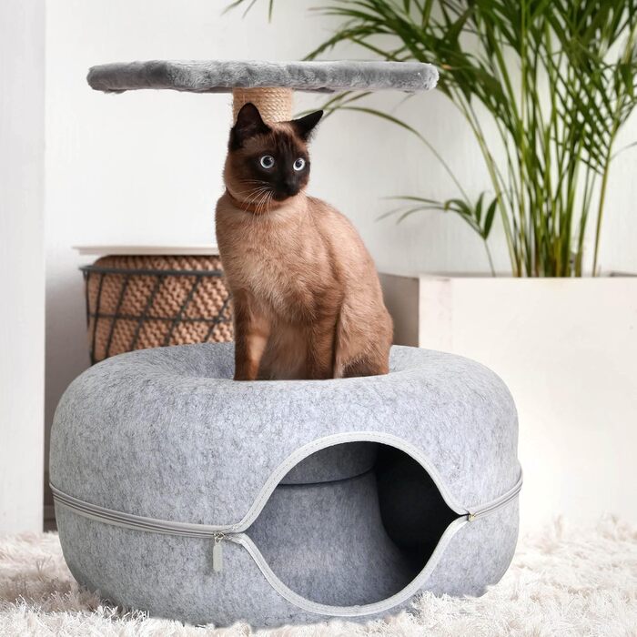 Lucky Sign – Котяча печера-тунель з фетру, багатофункціональне котяче ліжко та іграшка, затишний котячий кошик і подушка, 60x60x28 см, світло-сірий