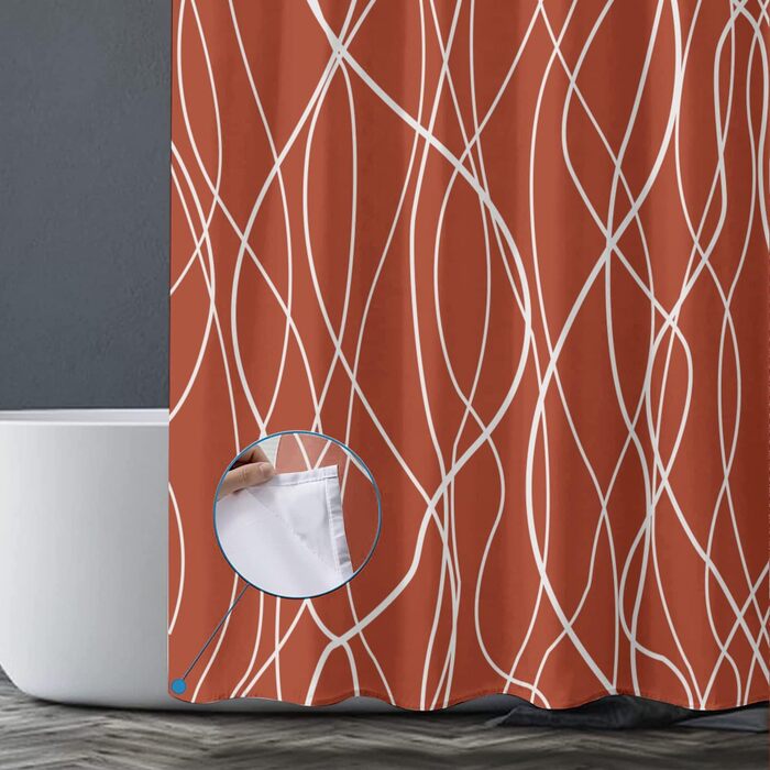 Шторка для душу M&W Design з поліестеру, з лініями, антигрибкова, водовідштовхувальна, з 12 гачками, обтяжена нижня частина, мінімалістичний дизайн, стійка до вицвітання, 180x200 см, білий (H200 x B180 см, упаковка 1 шт.), червоний