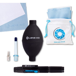 Набір для чищення камери Lens-Aid 3 в 1: повітряний насос, олівець для чищення та 5 мікрофібрових серветок. Підходить для сенсорів, об'єктивів, дисплеїв, фільтрів та оптики. Ідеальний для фотоаксесуарів та техніки.