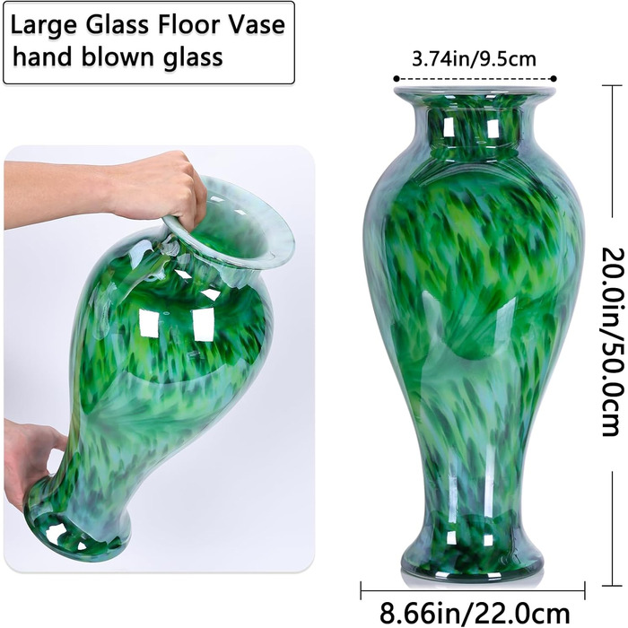 Висока скляна ваза 50,8 см, смарагдово-зелена, ручної роботи, для дому та декору, велика ваза для вітальні, сучасний дизайн