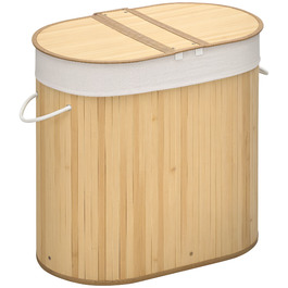 HOMCOM Laundry Basket with Lid, 2 Sections Removable Laundry Sorter Made of Bamboo, Natural for Laundry Organization and Storage