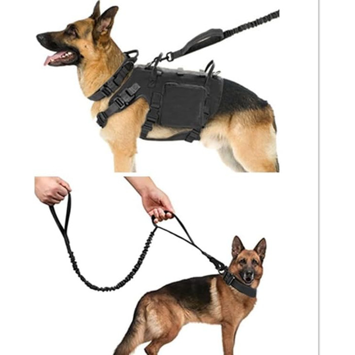 Тактичний нашийник для собак з ручкою та поводок, військовий стиль, м'яке наповнення, нейлон, регульований, середні та великі породи, чорний XL