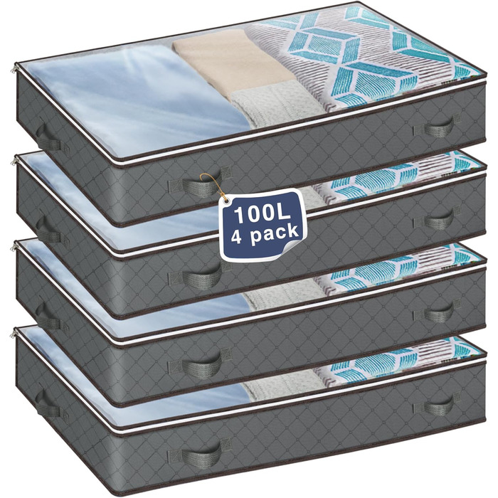 Коробки для зберігання під ліжком MIXC, 4 шт., 100 л, з кришкою, 100x50x18 см. Організація та зберігання постільної білизни, ковдр та одягу