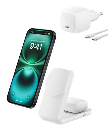 Беспроводная зарядка Belkin UltraCharge Qi 2.2 2-в-1 25W MagSafe сумісна для iPhone 17, iPhone Air, AirPods, Pixel – біла з USB-C адаптером 45W
