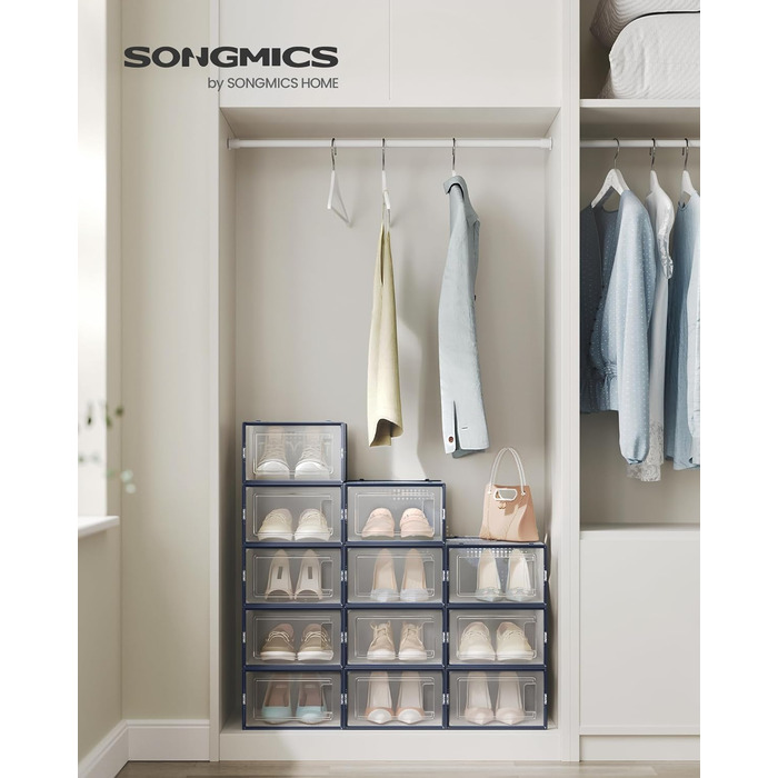 SONGMICS Shoe Boxes, 12-Piece Set, Plastic Shoe Organizer, Foldable and Stackable, for Shoes up to Size 44, Transparent-White LSP12SWT (12-Piece Set for Shoes up to Size 44, Transparent + Anthracite Blue)