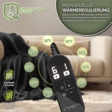 Електрична гріюча ковдра Sinnlein® з плюшу | 200 x 180 см, чорна | 9 температурних режимів, таймер, автовимкнення, прання до 40°C, цифровий дисплей