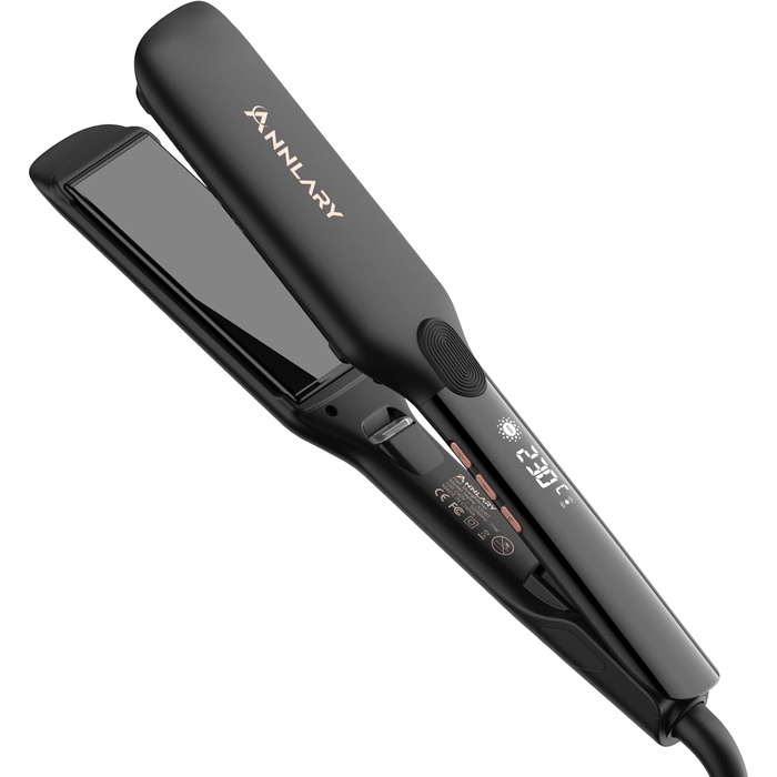 ANNLARY 2-in-1 Hair Straightener & Curling Wand with Titanium Ceramic Ion Technology - Anti-Heat Silicone Protection for Less Split Ends, Shiny Hair - Dual Voltage (110-240V) - Black/Rose Gold (1.75 inch)