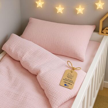 Бетлічна постільна білизна для дитячого ліжечка з мусліну, 100x135 см - комплект з наволочки 40x60 см та ковдри, бавовна, сертифікат Oeko-Tex (пудрово-рожевий)