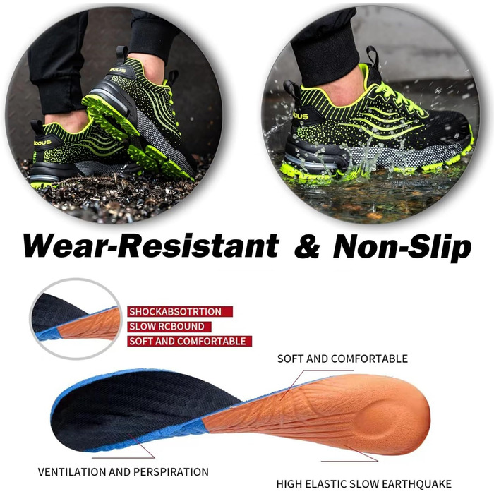 Зручні робочі черевики ISOOUS з металевим підноском для чоловіків та жінок. Легкі, дихаючі, неслизькі, захисні черевики, 42 EU, зелені.