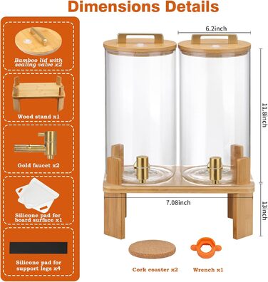 Набір з 2 диспенсери для напоїв на 6 літрів з дерев'яною підставкою, з герметичним клапаном та нержавіючим краном, для вечірок