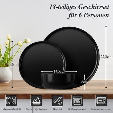 Набір посуду Joyfair на 6 осіб, 18 предметів: тарілки, миски, десертні тарілки, чорний колір, кераміка, для посудомийної машини та мікрохвильової печі