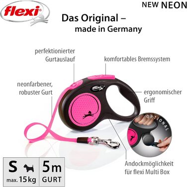 Льовіжа для собак Flexi Neon S, 5 м, чорний/неоновий помаранчевий, світловідбиваючі смуги, рулетка для собак до 15 кг