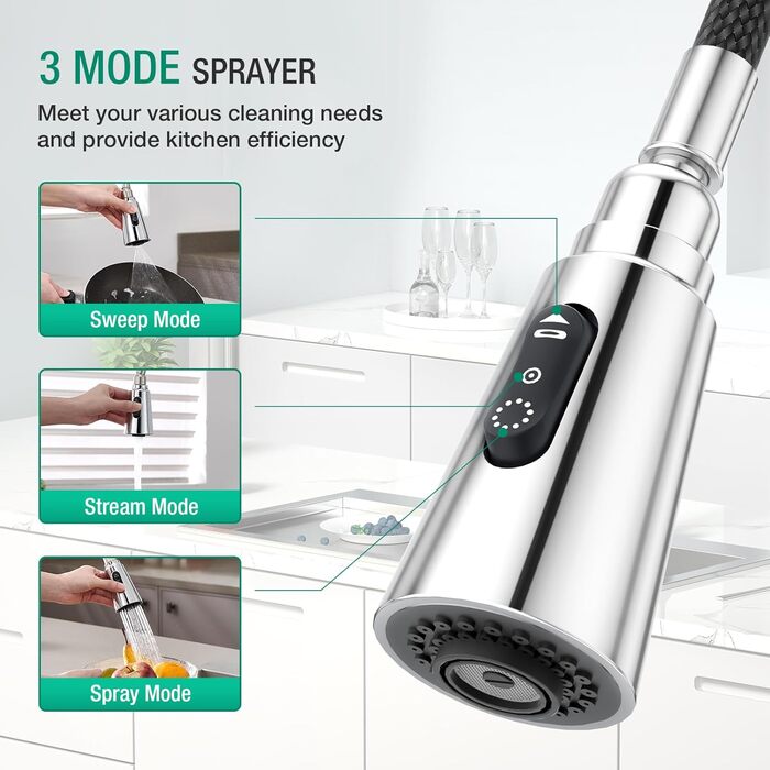 Кран кухонний CREA Wasserfall висувний з дозатором мила, нержавіюча сталь, 360° оберт, 4 режими, хром