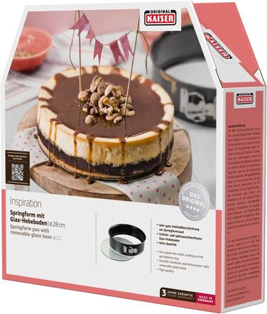 Original Kaiser Inspiration Springform with Glass Base 28 cm Round, Cake Pan with Lifting Base, Leak-Proof Cake Pan, Non-Stick Coated, Cut-Resistant, Ready to Serve, Black